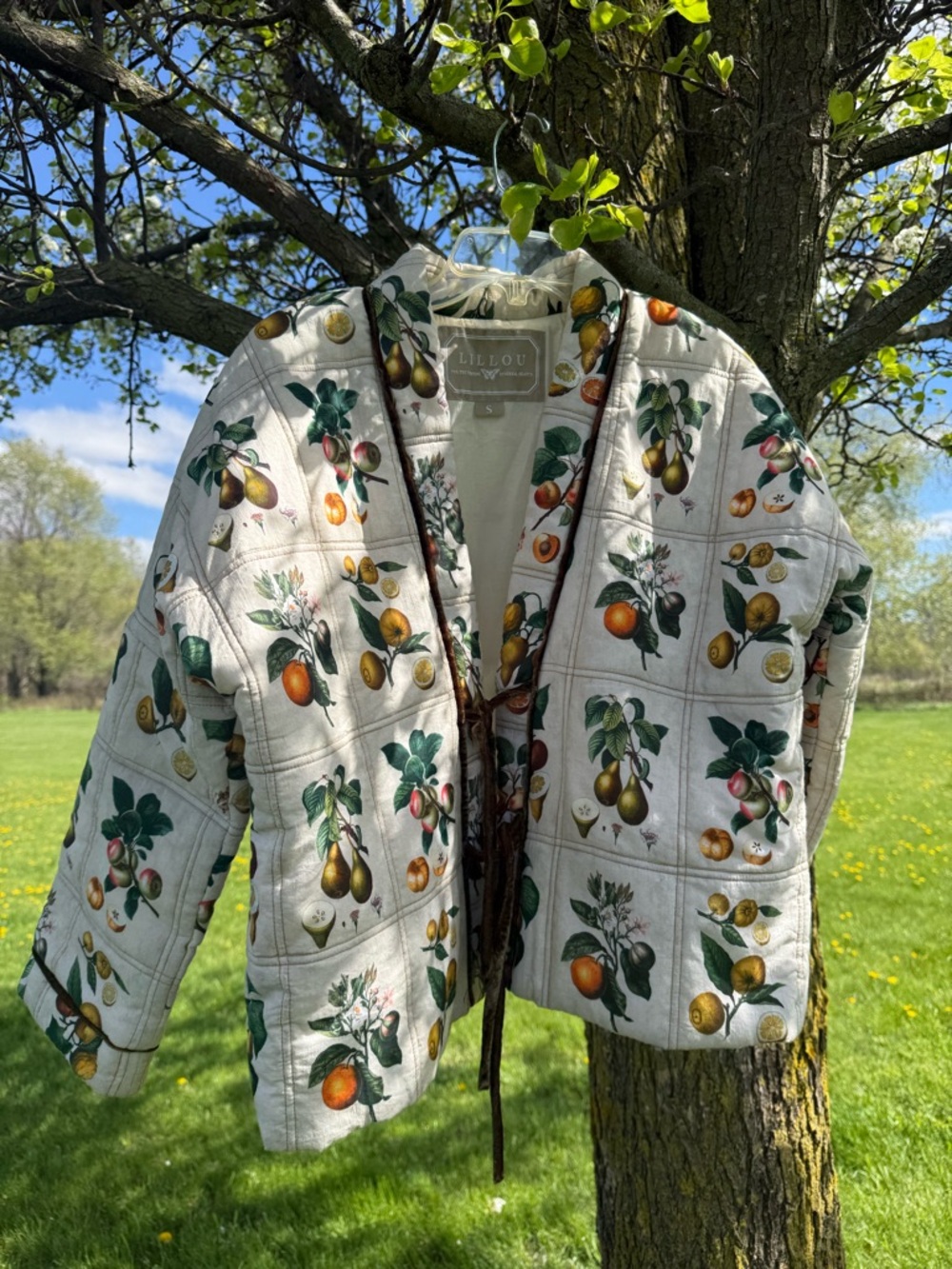 LILLOU Quilted Fruit Print Jacket - Cream with Green & Orange - LIMITED EDITION